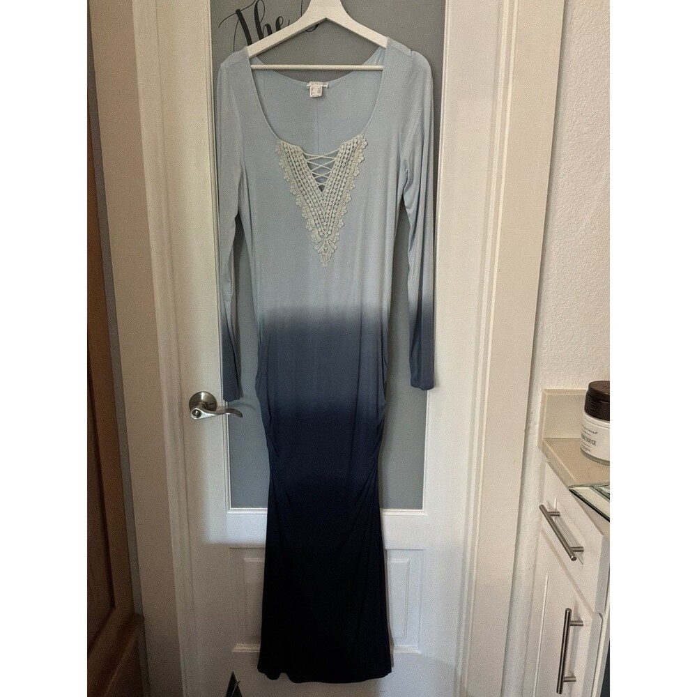 VENUS Blue Ombre Maxi Dress Medium Lace-Up Neck Long Sleeve Ruched Boho - Picture 3 of 9
